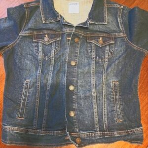 OLD NAVY Sz L Jean Jacket Collar Pockets Round Metal Buttons Adustable Waist